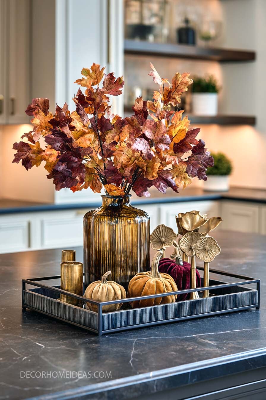 Moody Fall Kitchen Decor with Velvet Pumpkins & Amber Tones