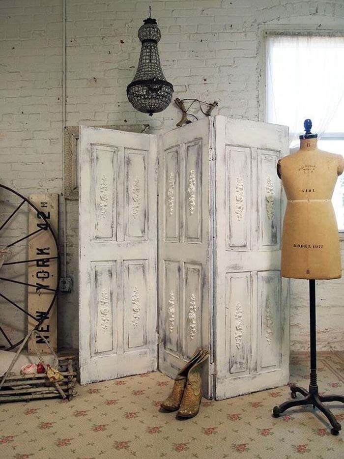 Dressing Screen Fashioned from Three Old Doors #repurpose #olddoors #decorhomeideas