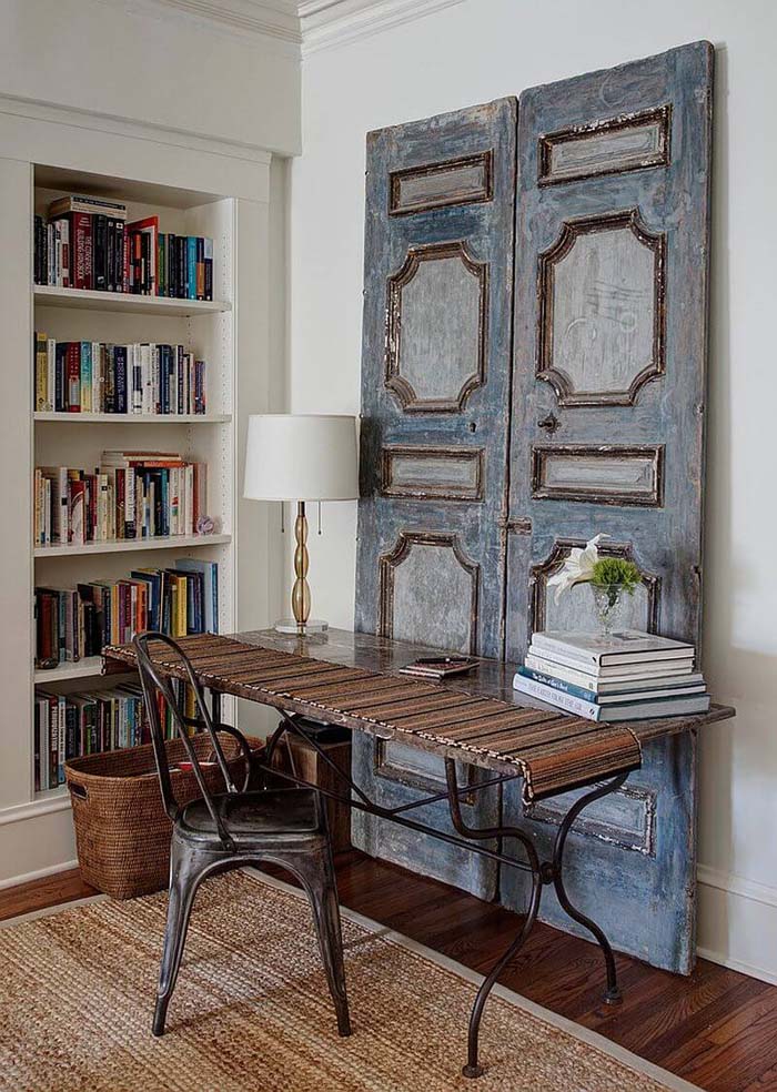 Dusky Blue French Panel Desk Backdrop #repurpose #olddoors #decorhomeideas