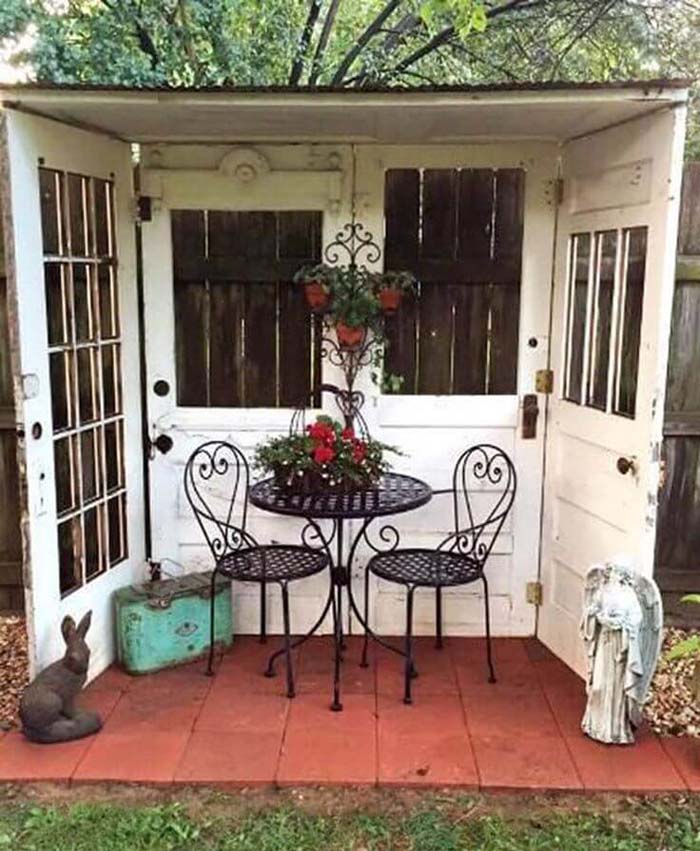 Eclectic Four-Door Covered Garden Nook #repurpose #olddoors #decorhomeideas