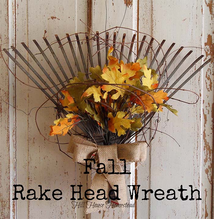 15. Fall Rake Head Wreath #rusticfall #decorhomeideas