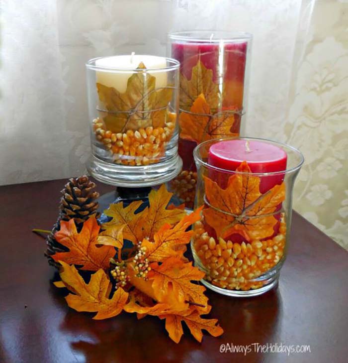 17. Fall Themed Hurricane Candle Holders #rusticfall #decorhomeideas