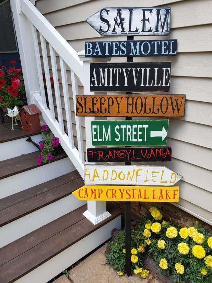 23. Halloween Yard Sign with 8 Scary Destinations #frontporch #halloween #decorhomeideas