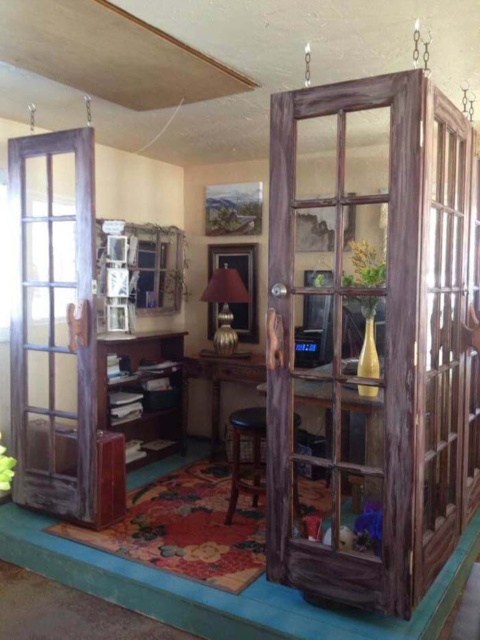 Office Delineated by Hanging French Door Panels #repurpose #olddoors #decorhomeideas