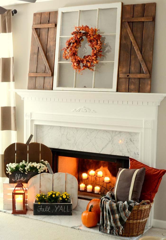 31. Rustic Fall Mantel with DIY Wood Pumpkins #rusticfall #decorhomeideas