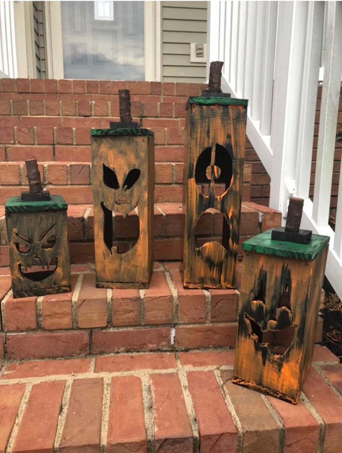 43. Rustic Wooden Rectangular Jack O'Lantern #frontporch #halloween #decorhomeideas