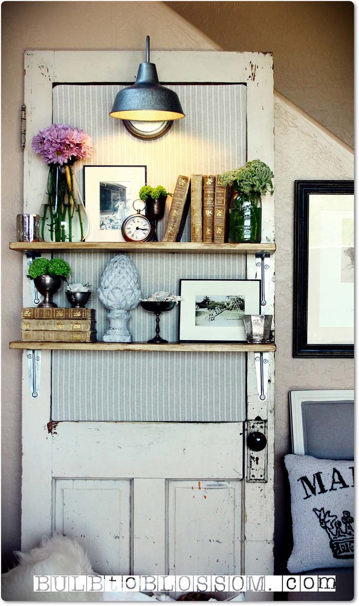 Vintage Door Lighted Display Shelf #repurpose #olddoors #decorhomeideas