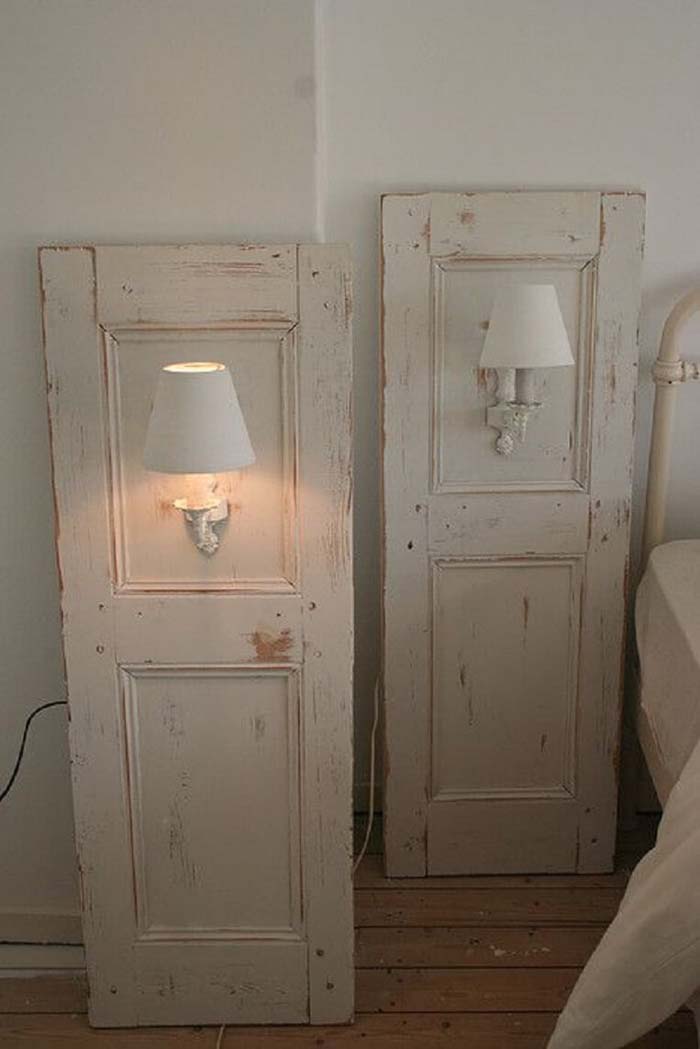 Whitewashed Twin Shutter Wall Sconces #repurpose #olddoors #decorhomeideas