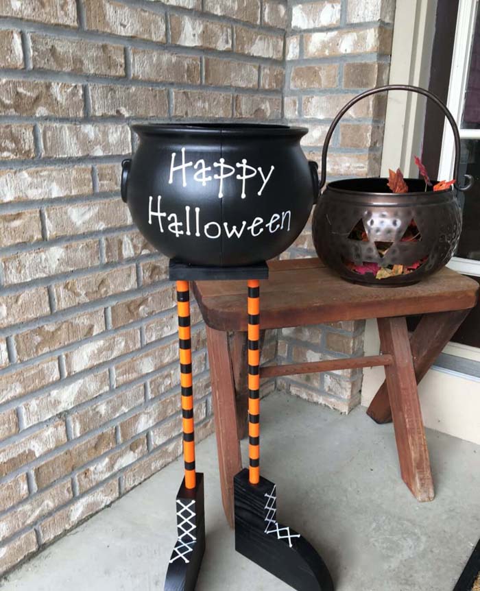 67. Witches Feet Happy Halloween Decorative Cauldron #frontporch #halloween #decorhomeideas