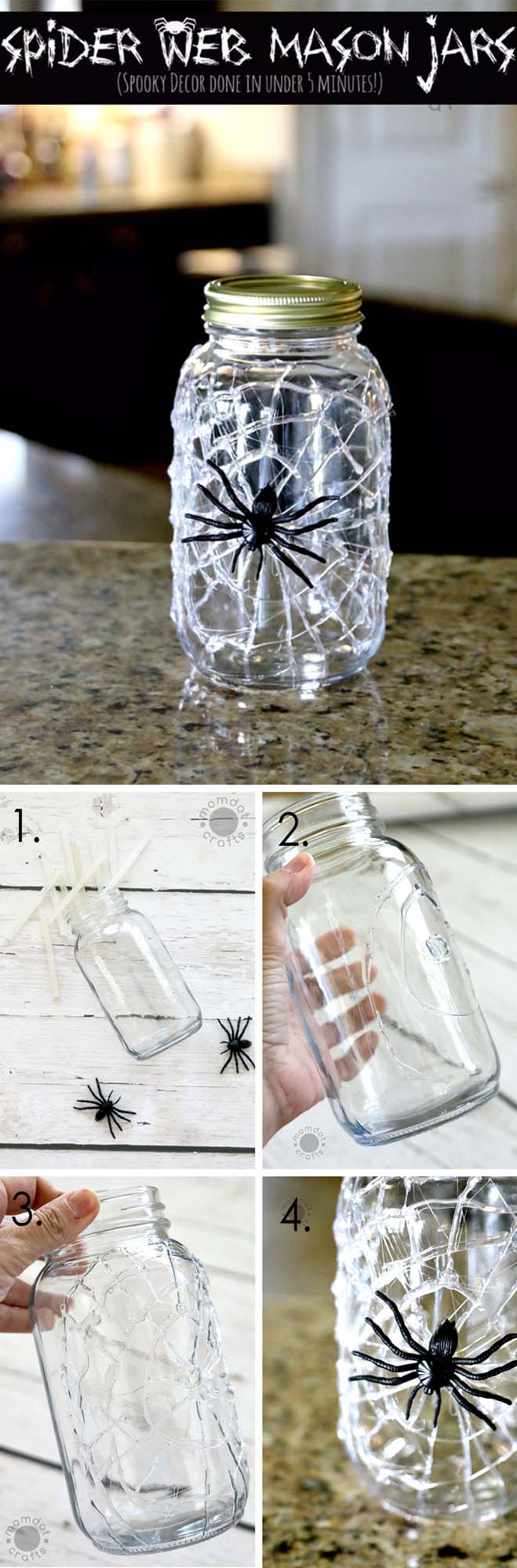 1. 10-Minute Hot Glue Spiderweb Mason Jar #halloween #masonjar #crafts #decorhomeideas