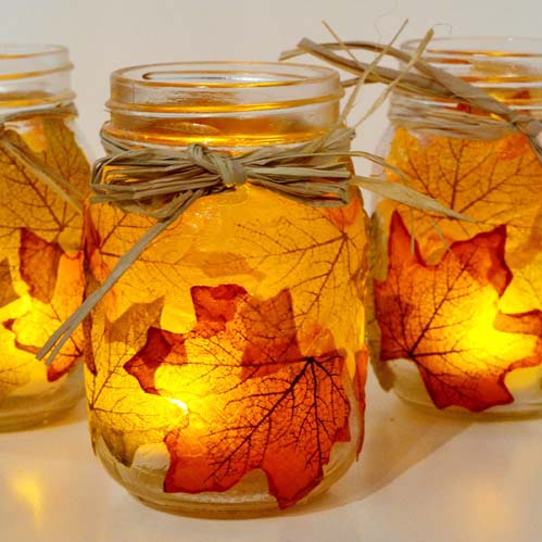 5. Autumn Leaf Mason Jar Candle Holder #dollarstore #falldecor #diy #decorhomeideas