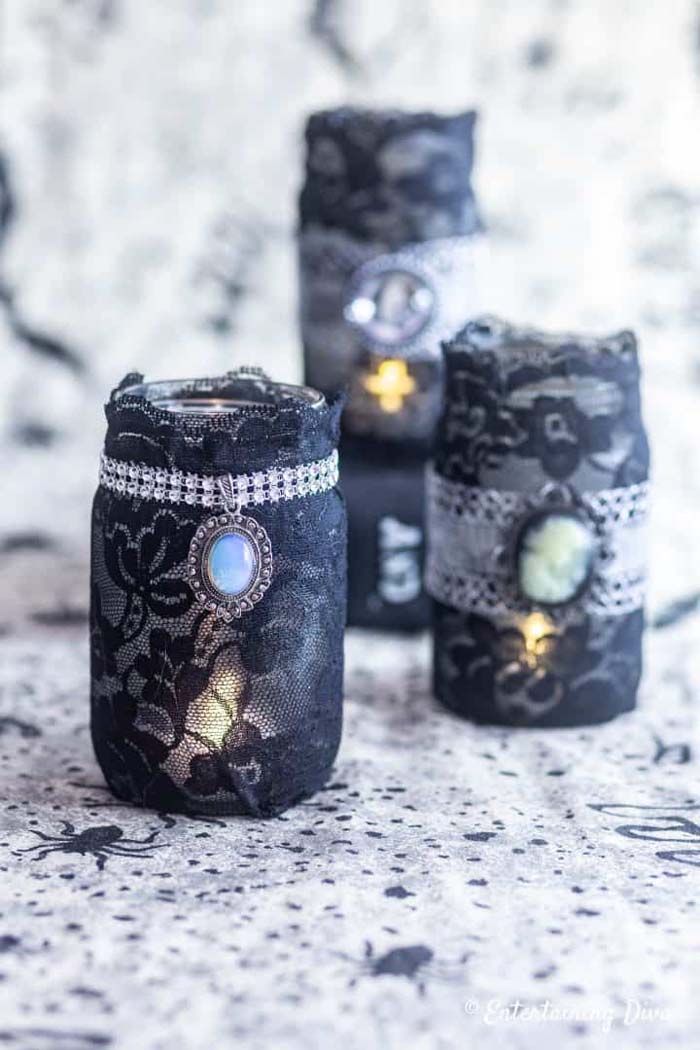 3. Black Lace Chic Candle Holder #halloween #masonjar #crafts #decorhomeideas
