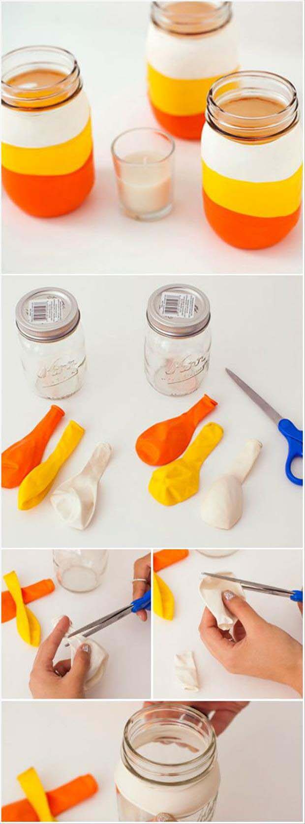 4. Candy Corn Candle Holders Made with Balloons #halloween #masonjar #crafts #decorhomeideas