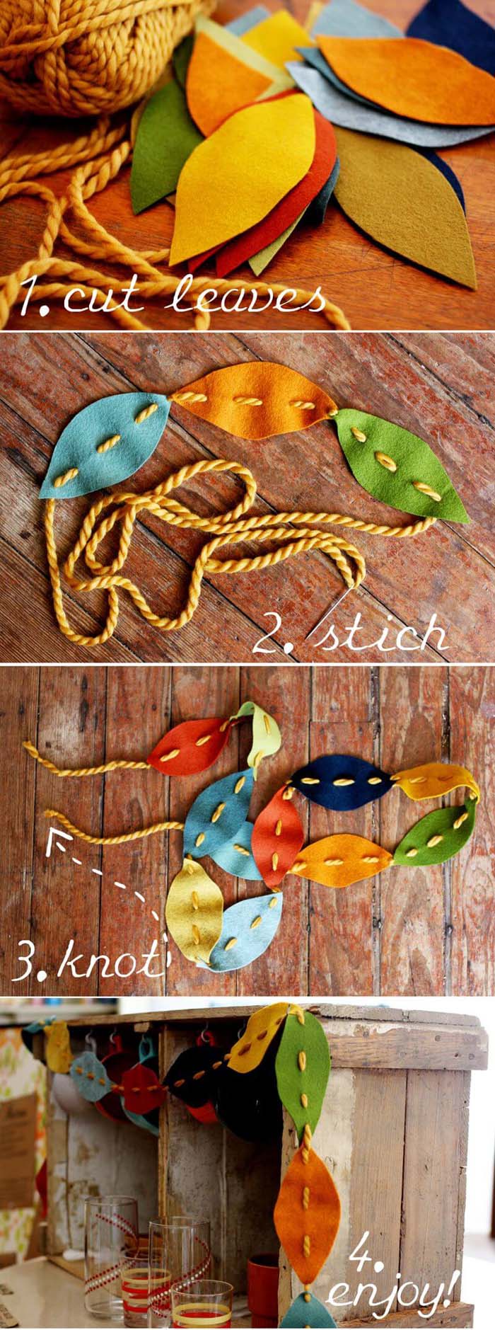 4. Cheerful Fabric Fall Leaf Rope Garland #fall #leaf #crafts #decorhomeideas