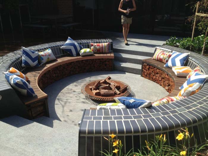 3. Circular Sunken Fire Pit with Built-In Wood Storage #sunken #firepit #decorhomeideas