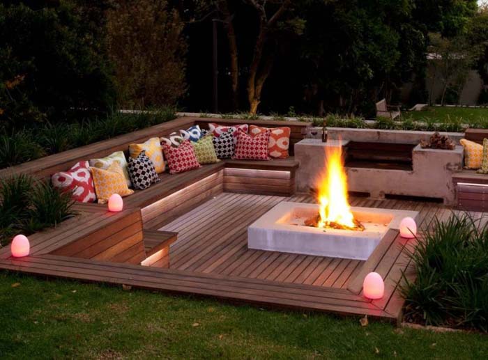 5. Contemporary Wood Seating and Sunken Cement Fire Pit #sunken #firepit #decorhomeideas