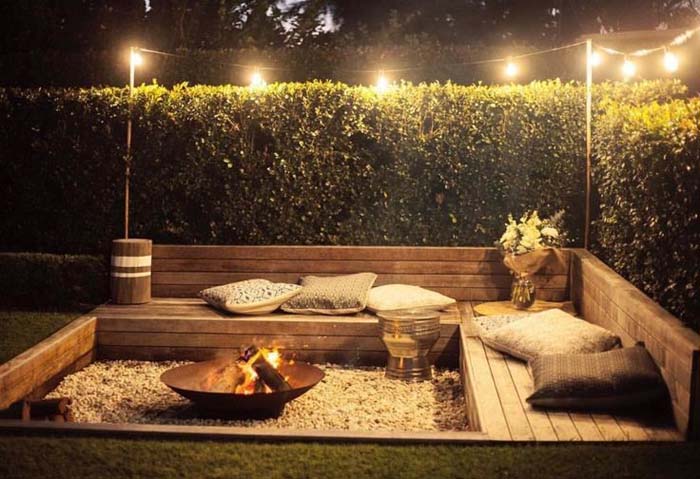 7. Cozy Wooden Fire Pit Seating with Lights #sunken #firepit #decorhomeideas