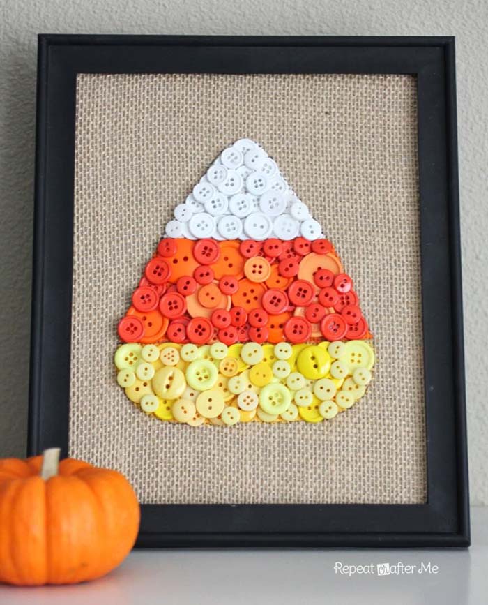 7. Cute Framed Burlap And Button Candy Corn Art #cheapfalldecor #diy #decorhomeideas