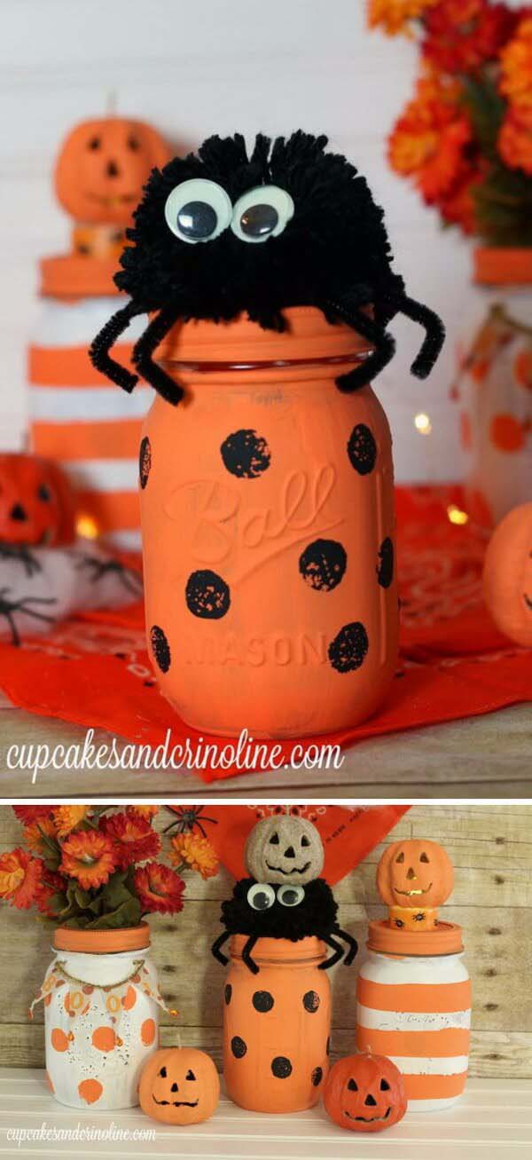 9. Cute Halloween Craft Dots and Stripes #halloween #masonjar #crafts #decorhomeideas