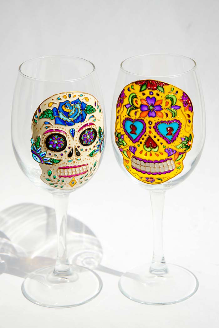 10. Day of the Dead Sugar Skull Wine Glasses #halloween #decor #decorhomeideas