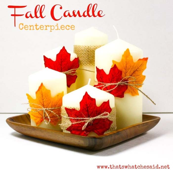 26. Fall Candle Centerpiece #dollarstore #falldecor #diy #decorhomeideas