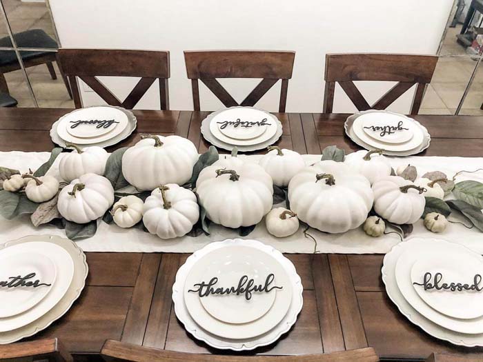 14. Gather, Thankful, & Blessed White Pumpkin Tablescape #thanksgiving #decor #decorhomeideas