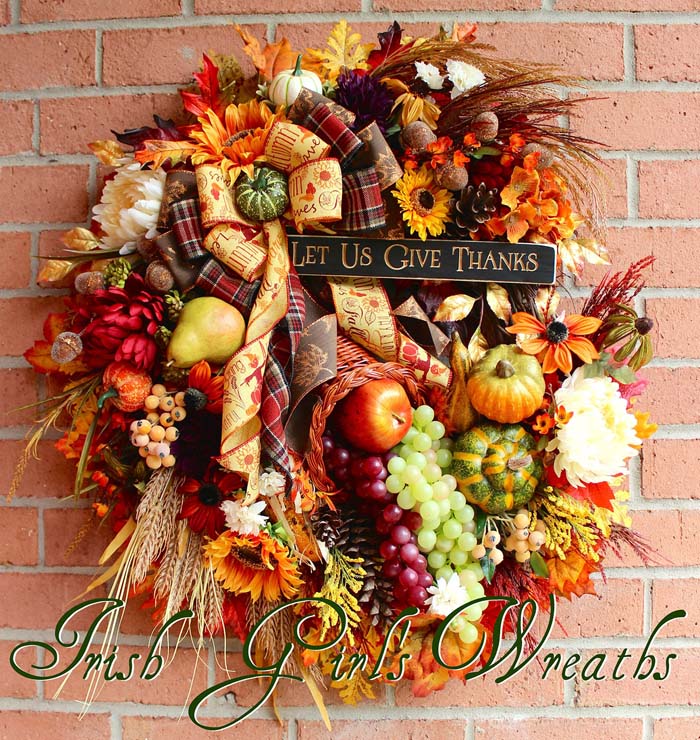 19. Gorgeous Wreath with Ribbon, Flowers, Leaves and Gourds #thanksgiving #decor #decorhomeideas