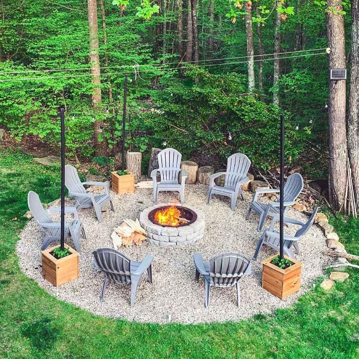11. Gravel Fire Pit with Lights and Plastic Adirondack Chairs #firepit #seating #decorhomeideas