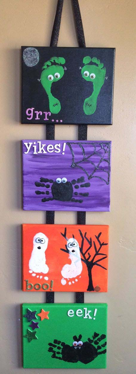 19. Hand and Footprint Canvases #halloween #crafts #kids #decorhomeideas