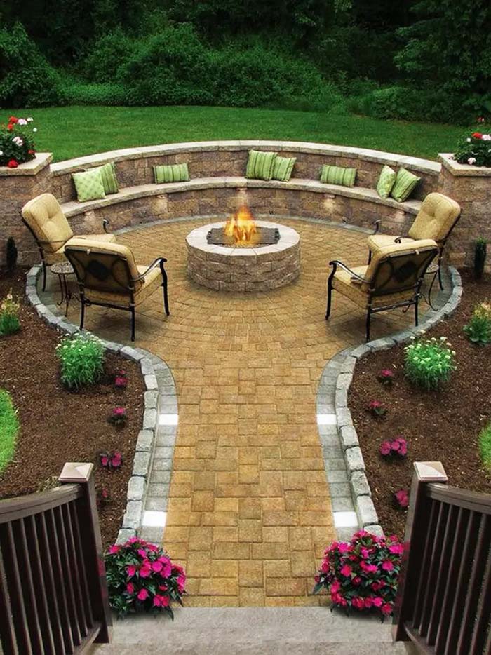 14. Landscaped Fire Pit with Built-In Bench Seating #firepit #seating #decorhomeideas