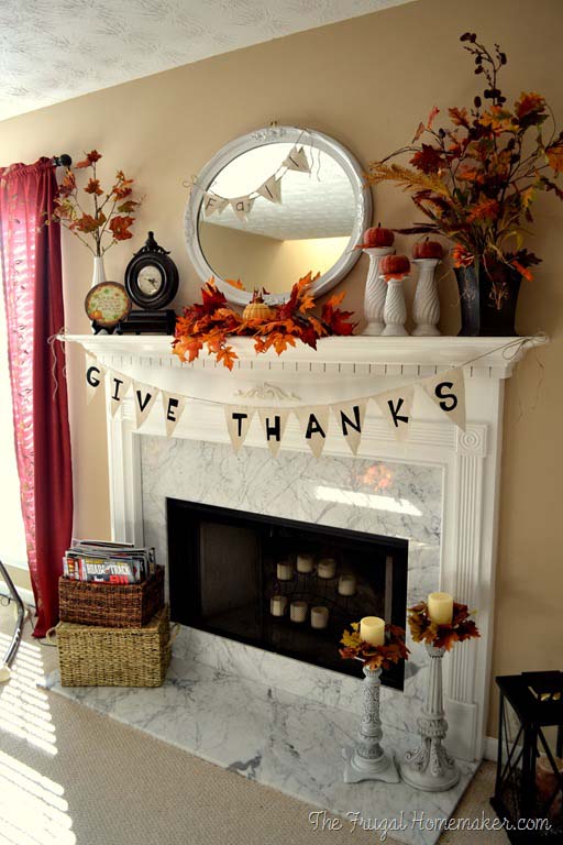 21. Mantel Banner with Crimson Fall Foliage #thanksgiving #decor #decorhomeideas