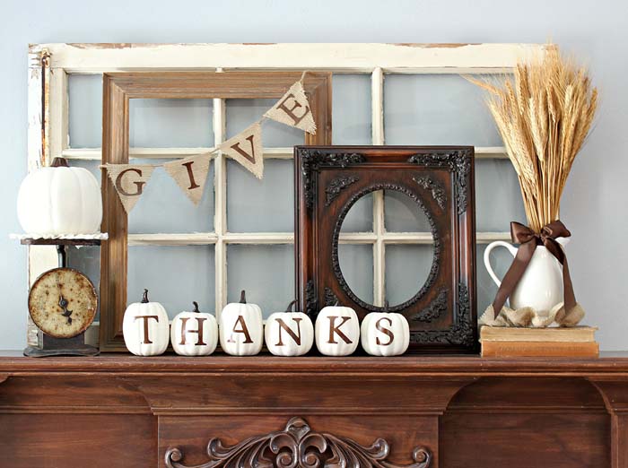 22. Mantel Decor with Burlap Bunting and White Pumpkins #thanksgiving #decor #decorhomeideas