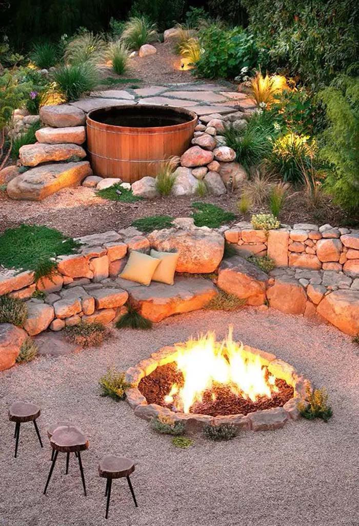 17. Natural Rock and Wood Fire Pit Seating Area #firepit #seating #decorhomeideas