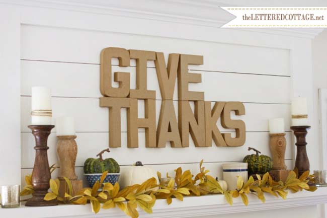 23. Neutral Mantel Decor with Golden Fall Leaves and Pumpkins #thanksgiving #decor #decorhomeideas