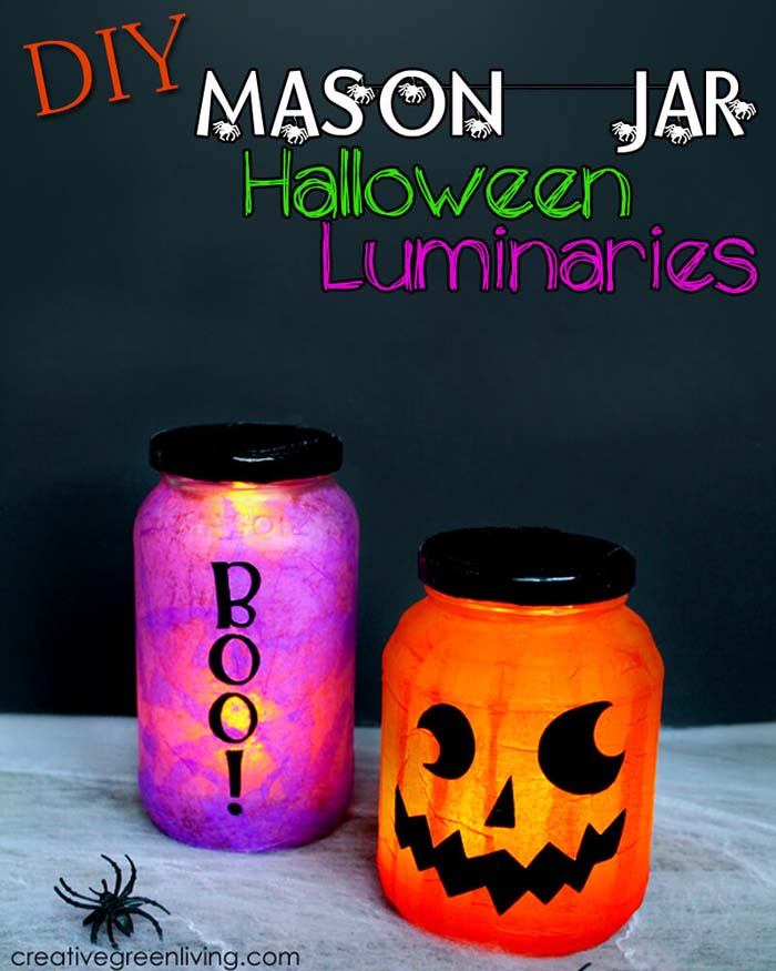 32. Not-So-Scary Halloween Mason Jar Lanterns #halloween #masonjar #crafts #decorhomeideas