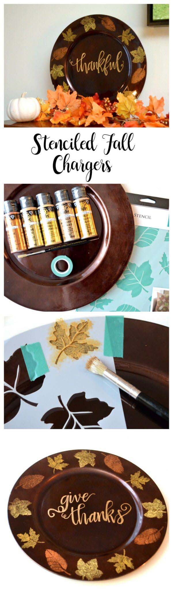 21. Paint Your Own Thanksgiving Dinner Chargers #fall #leaf #crafts #decorhomeideas