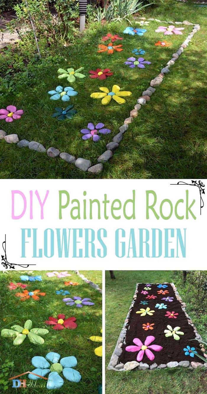 Painted Rocks Flower Garden Idea #cheap #landscaping #decorhomeideas