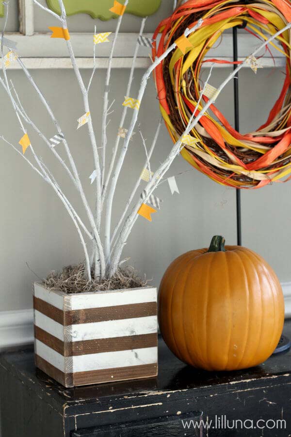 18. Painted Twig Box With Paper Tape Banner Detail #cheapfalldecor #diy #decorhomeideas