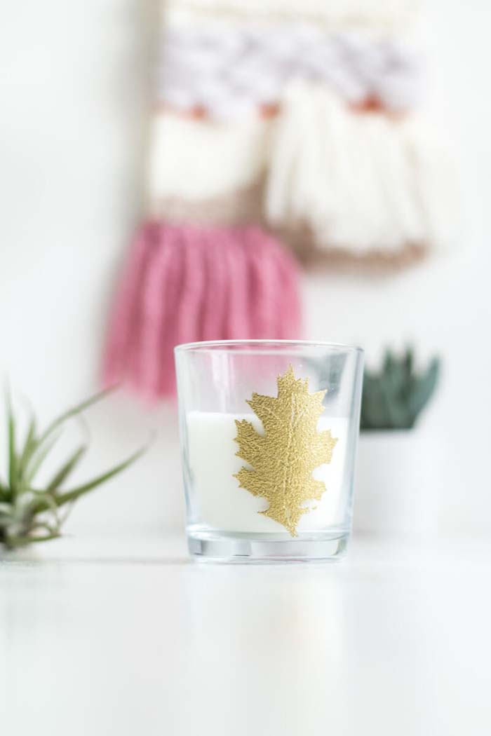 20. Pressed Gold Leaf Detail For Votive Candles #cheapfalldecor #diy #decorhomeideas