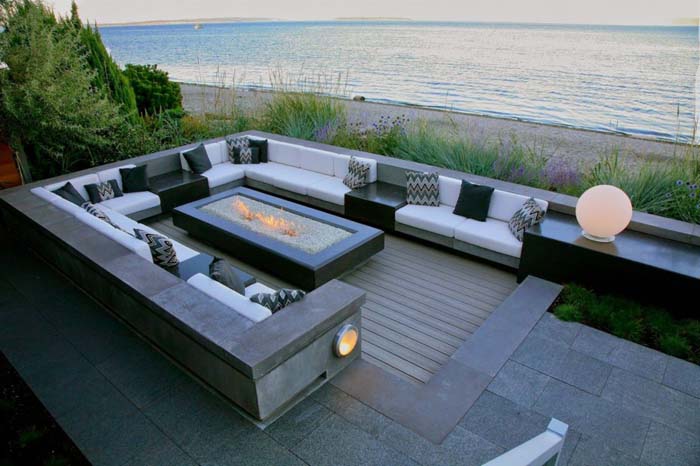 16. Rectangular Ocean-View Fire Pit with U-Shaped Seating #sunken #firepit #decorhomeideas