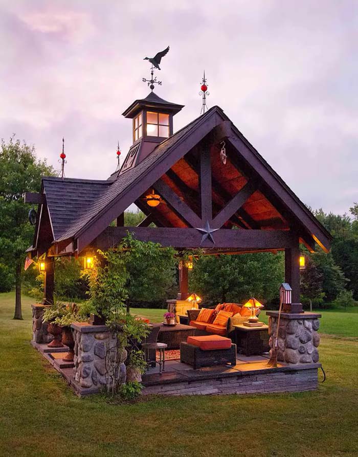 26. Rustic Architectural Gazebo with Sofa Seating #firepit #seating #decorhomeideas