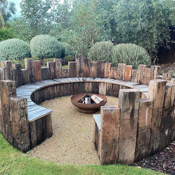 27. Rustic Wood-Post Fire Pit Bench Seating Area #firepit #seating #decorhomeideas