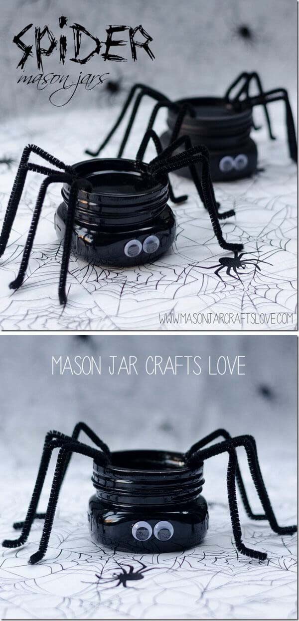 37. Silly Spider Pipe Cleaner Mason Jar Craft #halloween #masonjar #crafts #decorhomeideas