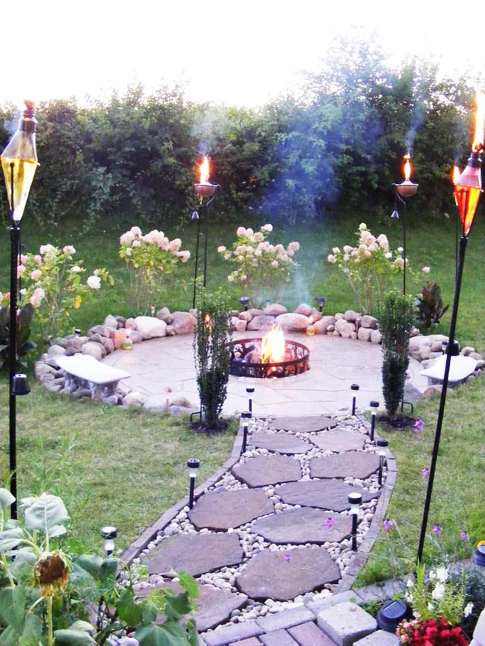 28. Simple Benches and a Stone Fire Pit #firepit #seating #decorhomeideas