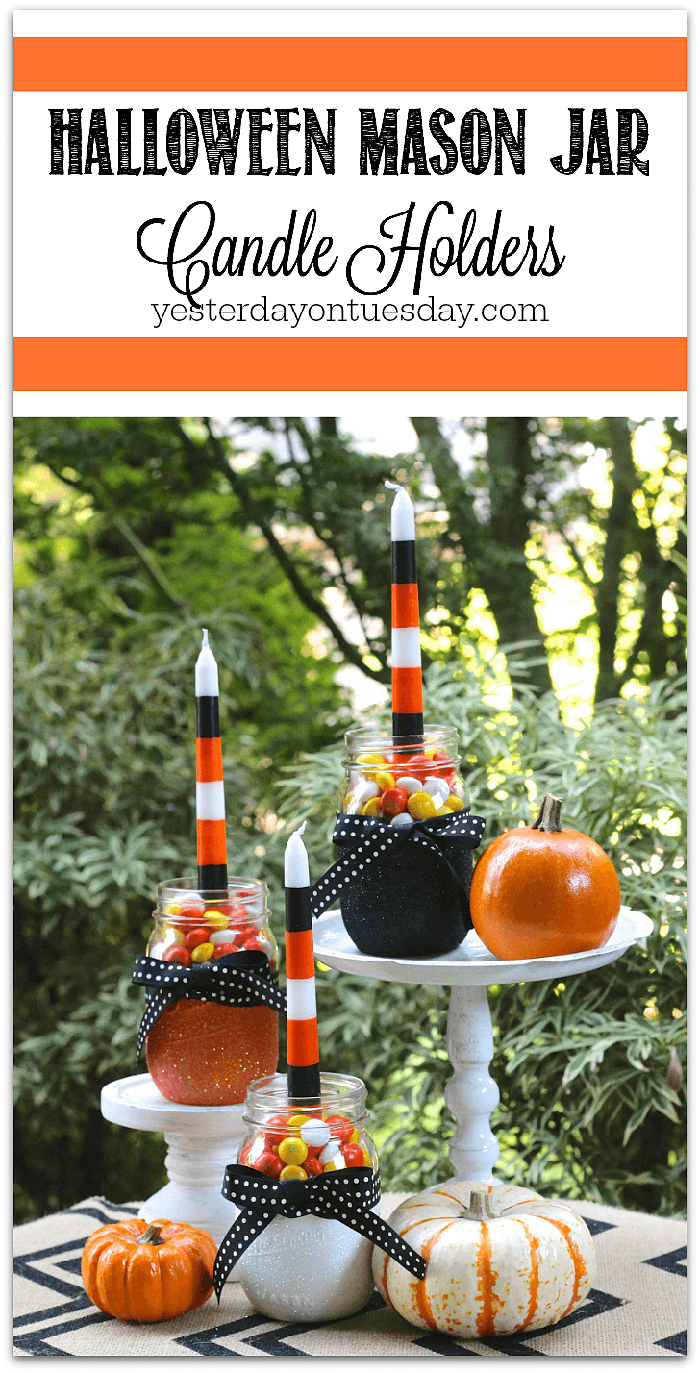 38. Sparkly Halloween Mason Jar Candle Holders #halloween #masonjar #crafts #decorhomeideas