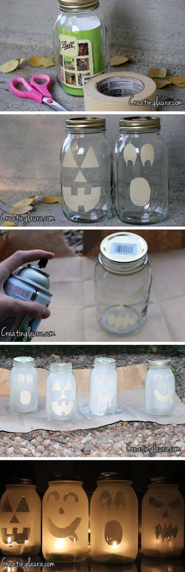 42. Spray Painted Mason Jar Ghosts #halloween #masonjar #crafts #decorhomeideas