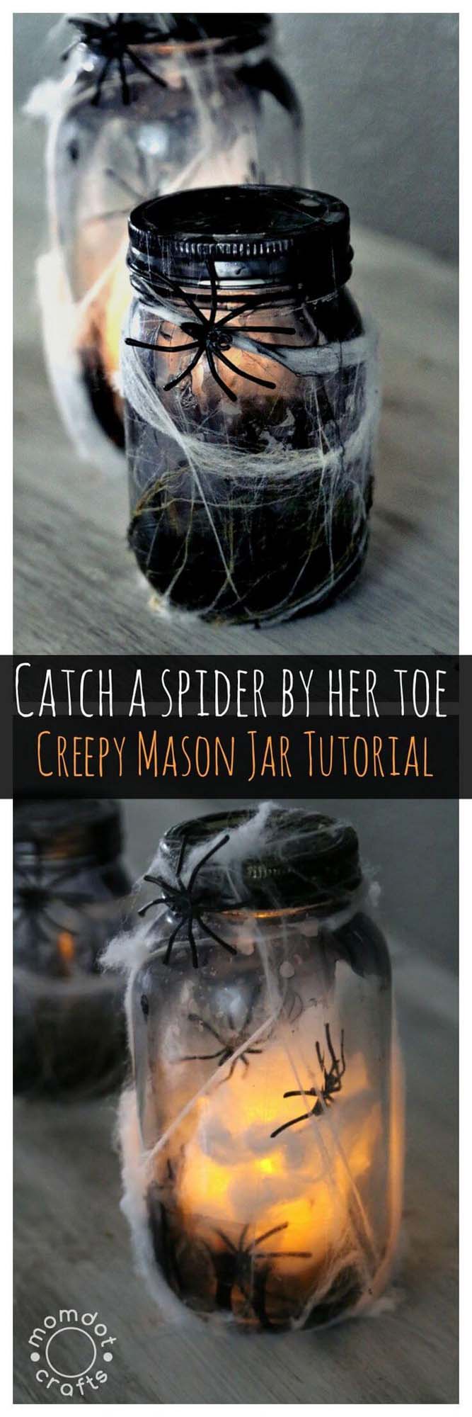 44. Super Scary Spider Web Luminaries #halloween #masonjar #crafts #decorhomeideas
