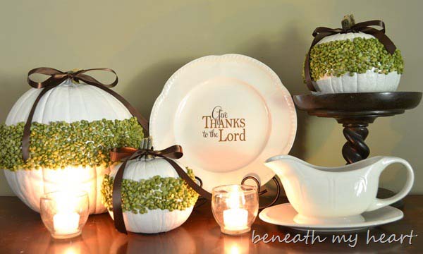 41. White Pumpkins with Moss Accents, White Accessories, and Candle #thanksgiving #decor #decorhomeideas