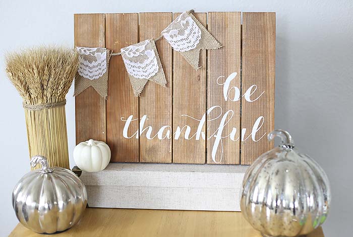 25. Wooden Sideboard with Lace and Burlap Embellishments #thanksgiving #sign #decorhomeideas