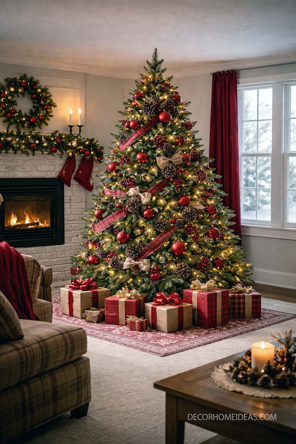 Cozy Christmas Living Room with Red and Gold Decor